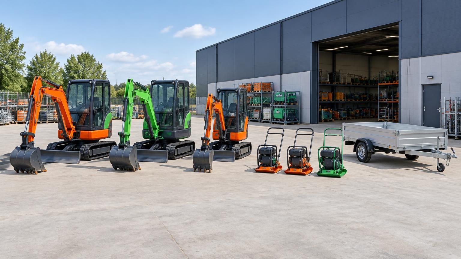 Minigravers, trilplaten en een aanhanger in een verhuurassortiment